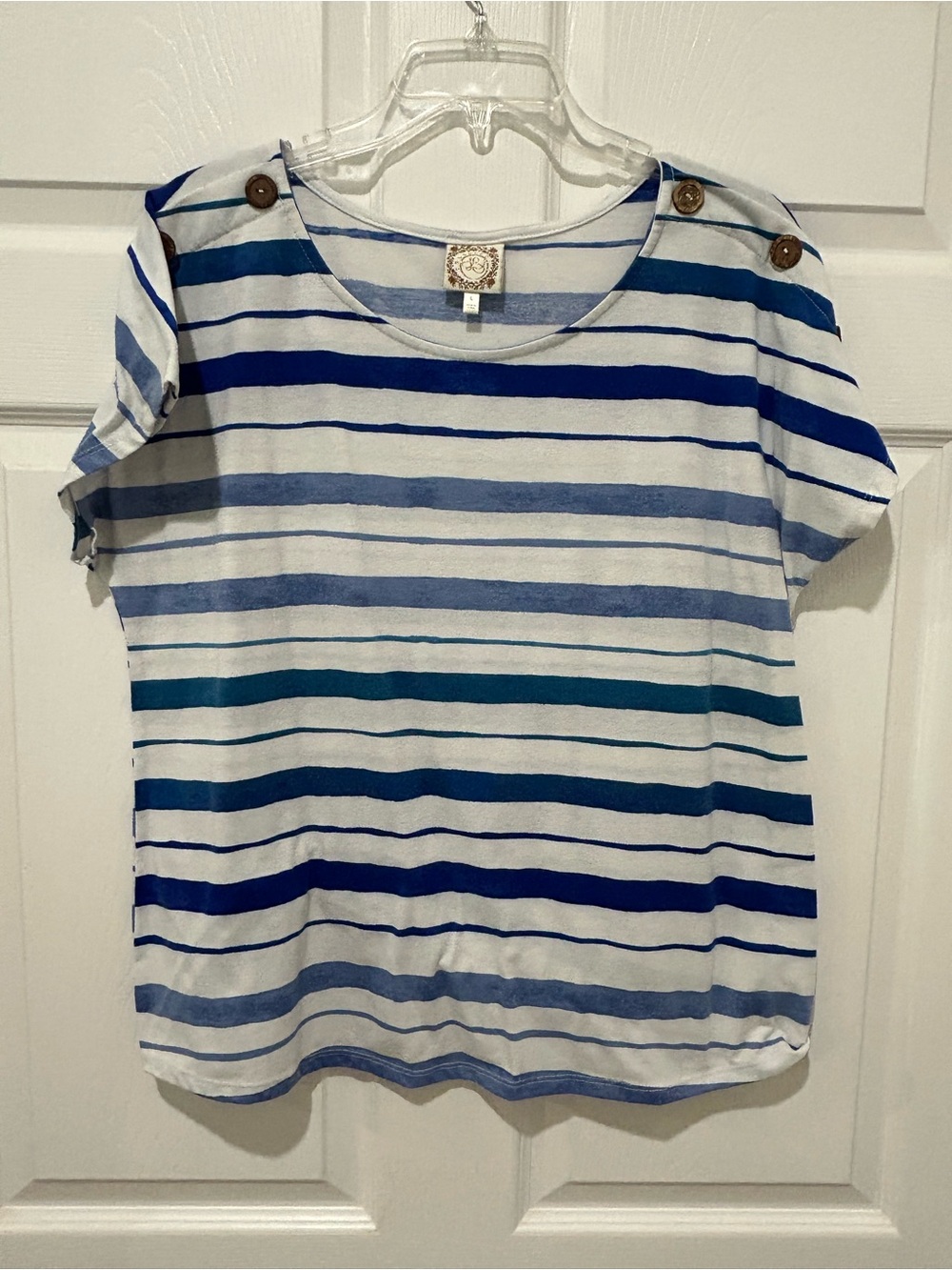 Striped Short Sleeve Tee with Button Shoulder Detail - White & Blue